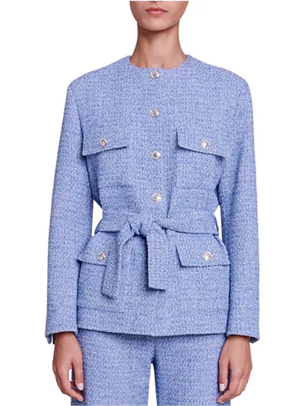 Maje Light Blue Tweed Belted Jacket